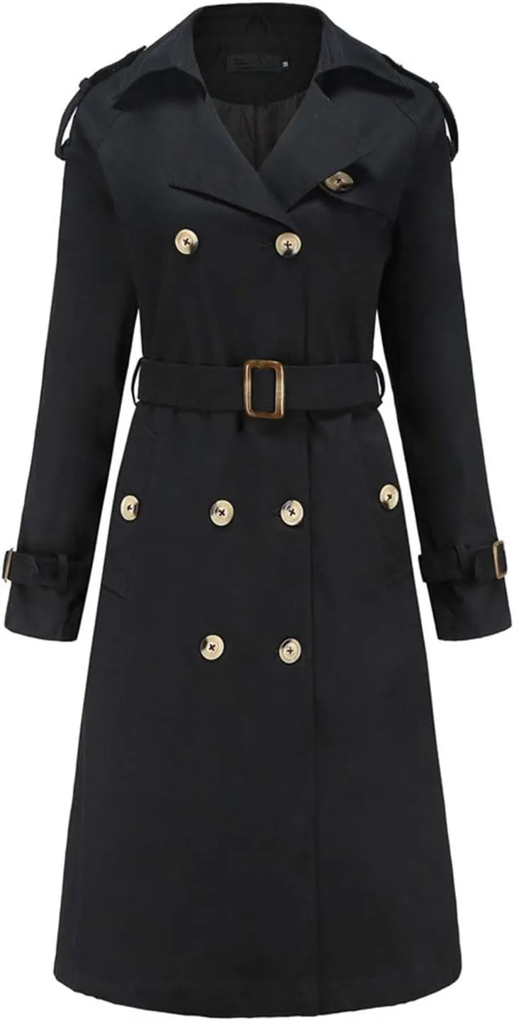 Trench Coats for Women Lightweight Double Breasted Overcoat Plus Size Long Windbreaker Cardigan Jackets with Belt