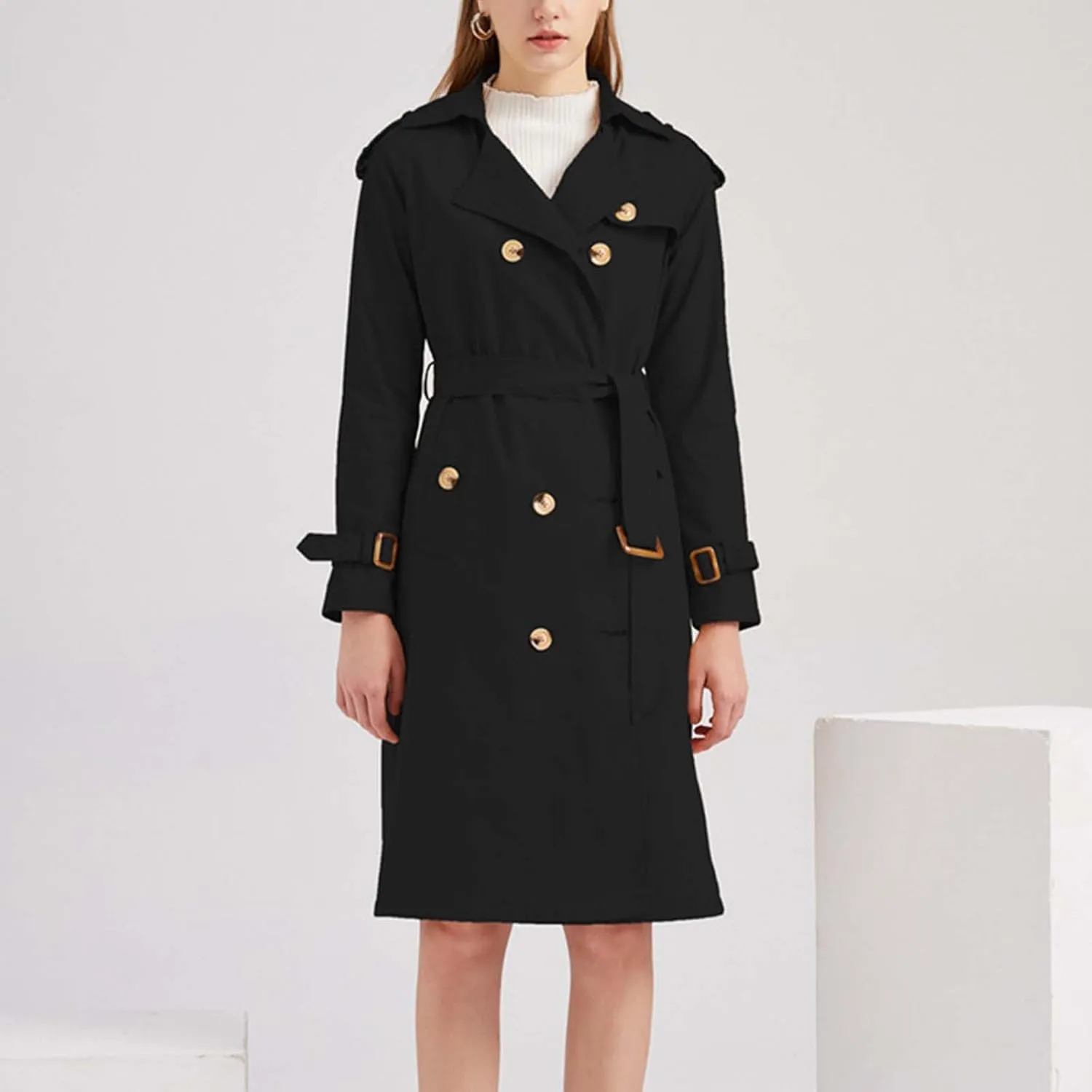 Trench Coats for Women Lightweight Double Breasted Overcoat Plus Size Long Windbreaker Cardigan Jackets with Belt