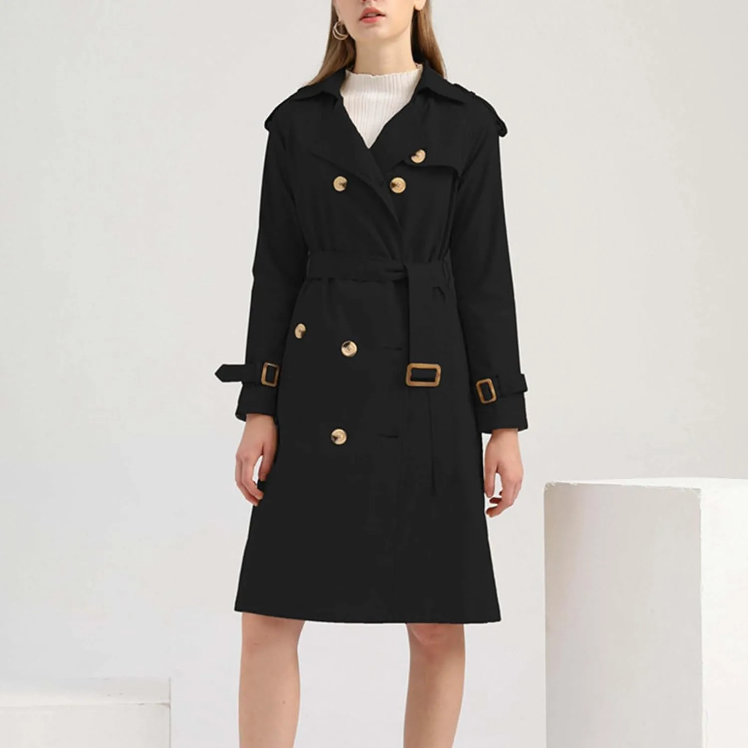 Trench Coats for Women Lightweight Double Breasted Overcoat Plus Size Long Windbreaker Cardigan Jackets with Belt