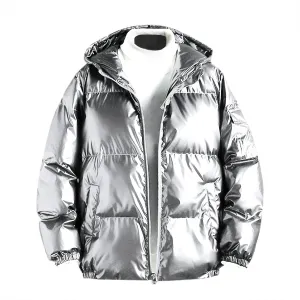 tuduoms Baggy Men's Winter Coats Full Zip Metallic Shiny Puffer Jacket Lightweight Hooded Parka Snow Ski Short Down Coat