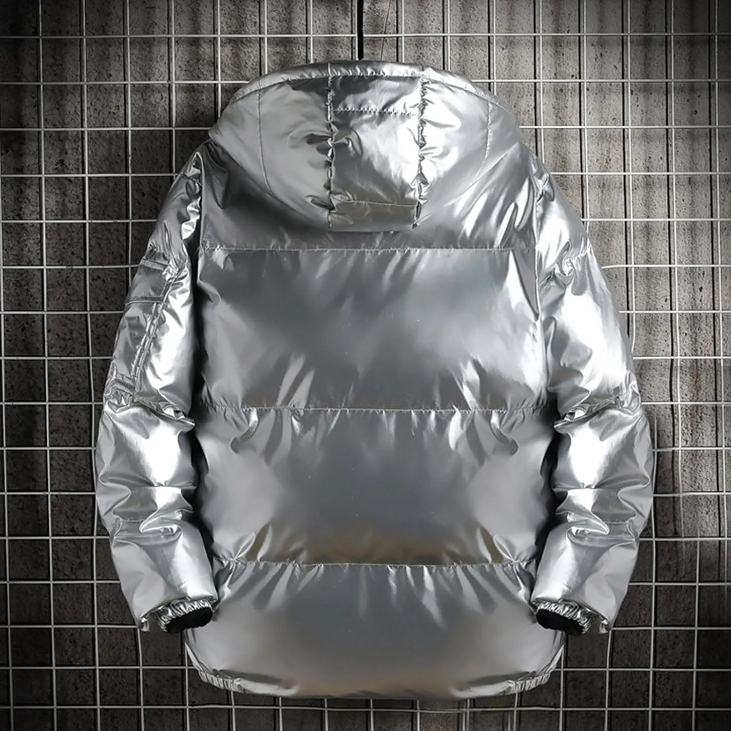 tuduoms Baggy Men's Winter Coats Full Zip Metallic Shiny Puffer Jacket Lightweight Hooded Parka Snow Ski Short Down Coat