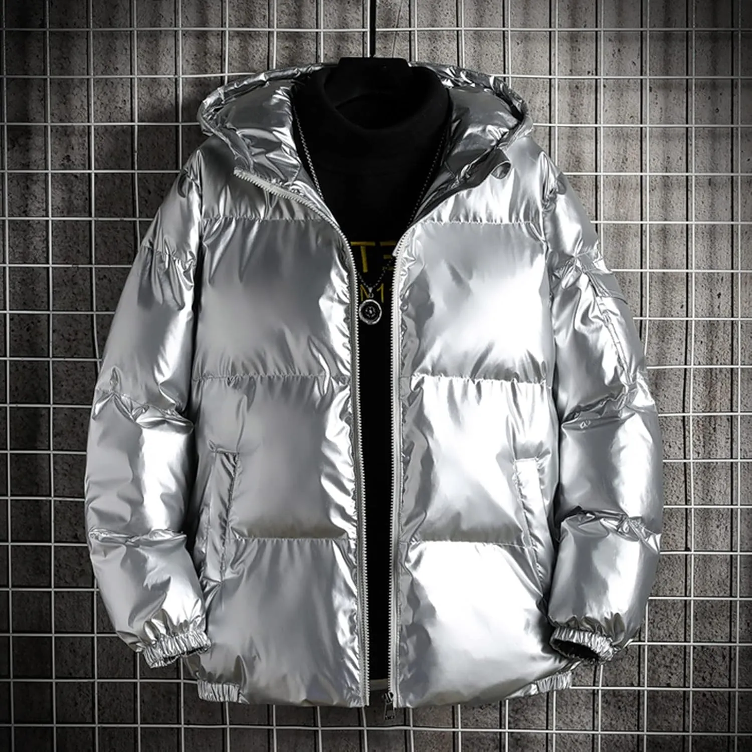 tuduoms Baggy Men's Winter Coats Full Zip Metallic Shiny Puffer Jacket Lightweight Hooded Parka Snow Ski Short Down Coat