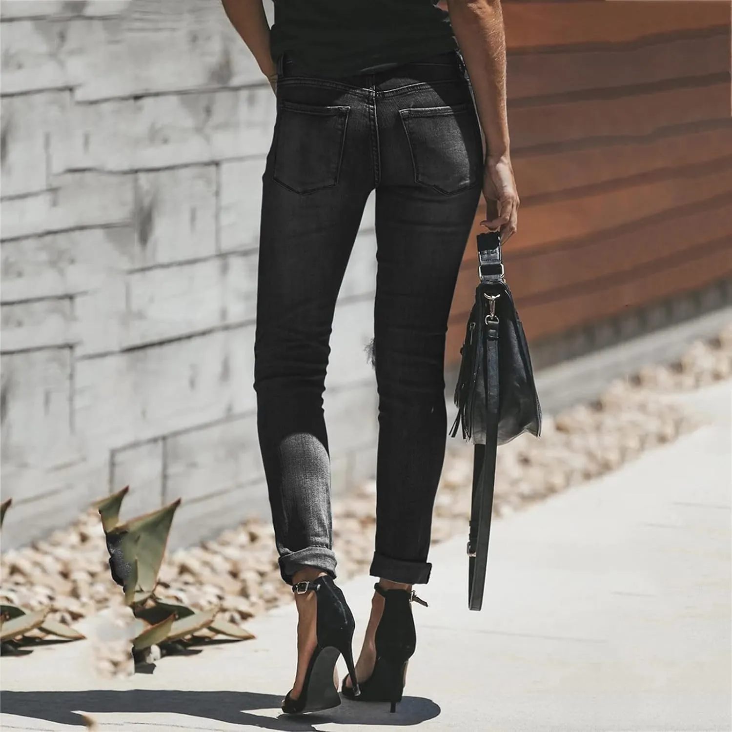 tuduoms Women Ripped Mid Rise Jeans Frayed Hem Denim Stretchy Skinny Jeans Fashion Boyfriend Distressed Ribbed Jegging Jeans