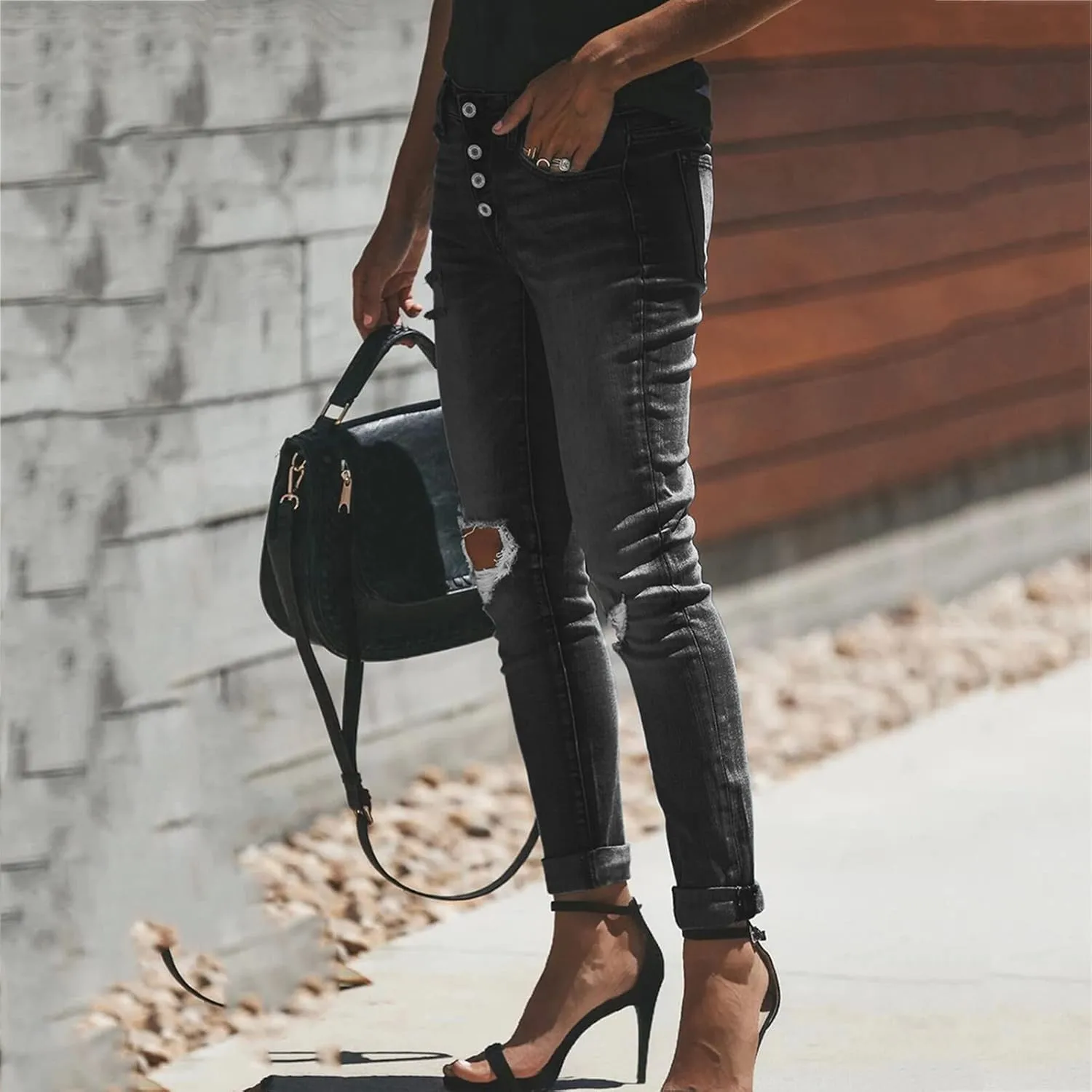 tuduoms Women Ripped Mid Rise Jeans Frayed Hem Denim Stretchy Skinny Jeans Fashion Boyfriend Distressed Ribbed Jegging Jeans