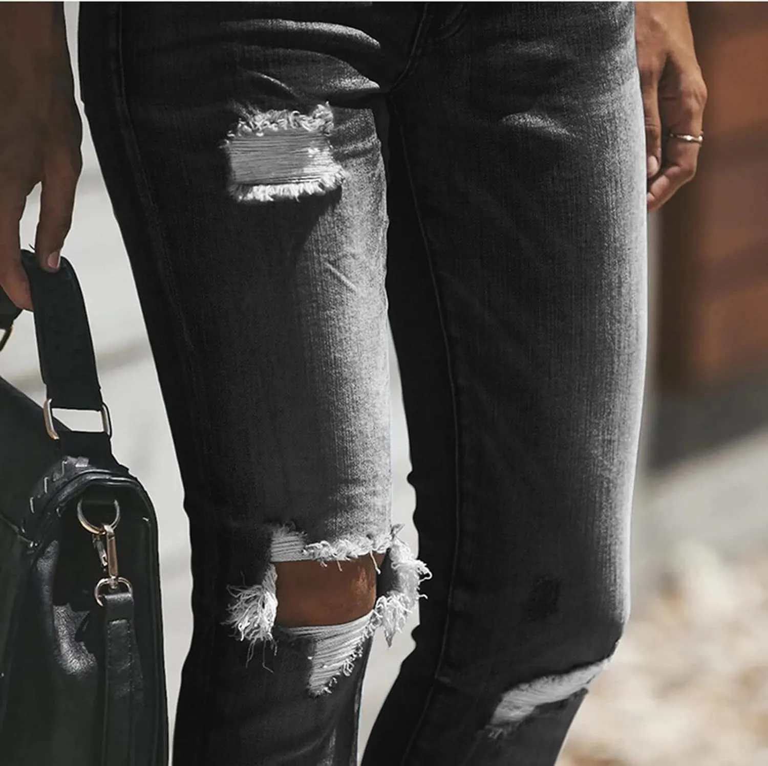 tuduoms Women Ripped Mid Rise Jeans Frayed Hem Denim Stretchy Skinny Jeans Fashion Boyfriend Distressed Ribbed Jegging Jeans