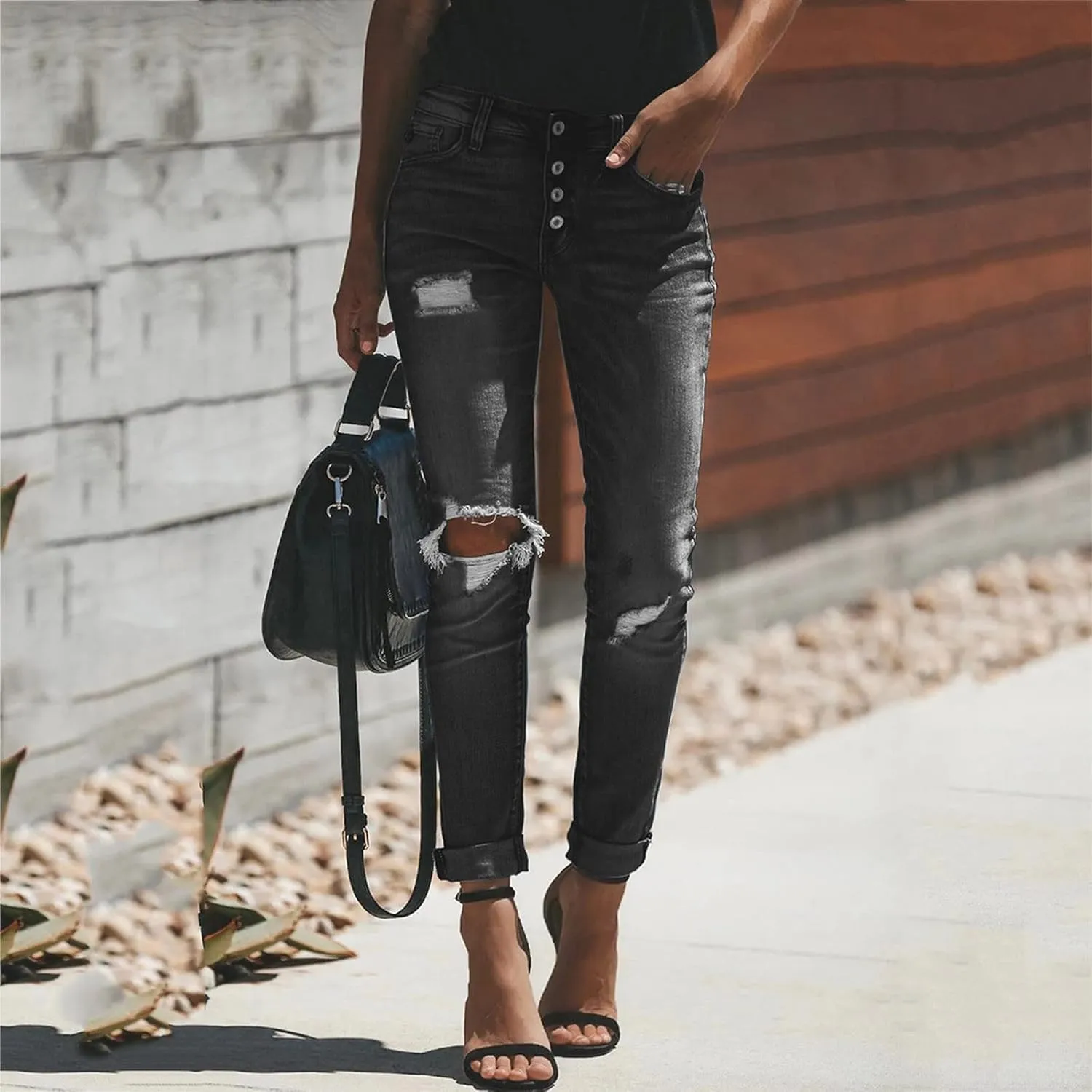 tuduoms Women Ripped Mid Rise Jeans Frayed Hem Denim Stretchy Skinny Jeans Fashion Boyfriend Distressed Ribbed Jegging Jeans