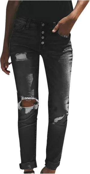 tuduoms Women Ripped Mid Rise Jeans Frayed Hem Denim Stretchy Skinny Jeans Fashion Boyfriend Distressed Ribbed Jegging Jeans
