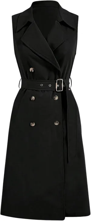Verdusa Women's Double Breasted Trench Coats Lapel Collar Sleeveless Belted Vest Jacket