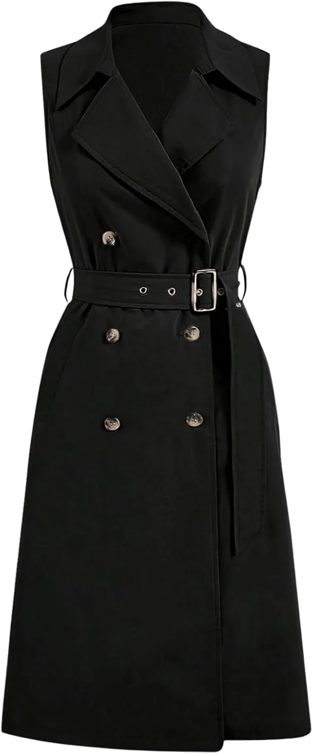 Verdusa Women's Double Breasted Trench Coats Lapel Collar Sleeveless Belted Vest Jacket