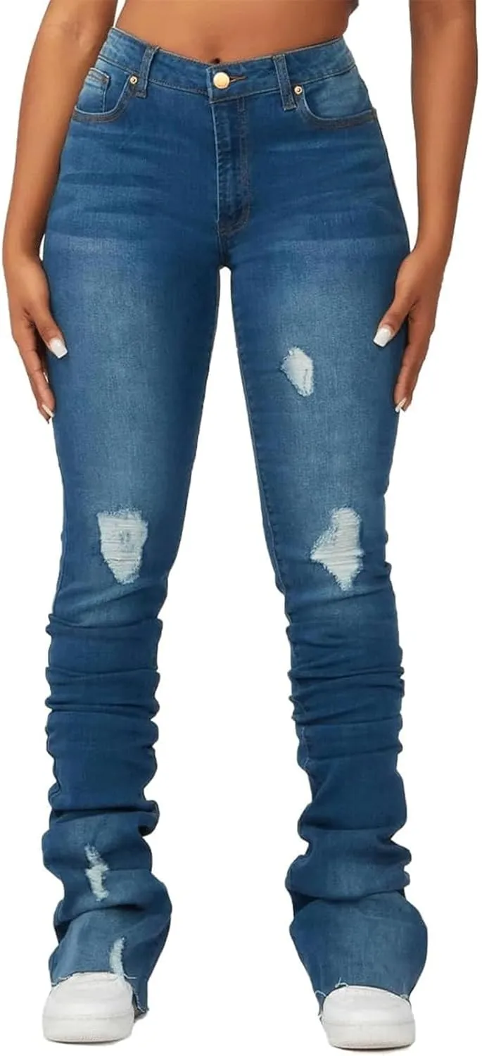 Viatabuna Women's Stacked Flared Jeans High Waisted Slim Fit Stretchy Skinny Bell Bottom Jeans Casual Trendy Denim Pants