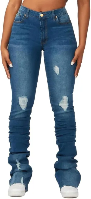 Viatabuna Women's Stacked Flared Jeans High Waisted Slim Fit Stretchy Skinny Bell Bottom Jeans Casual Trendy Denim Pants