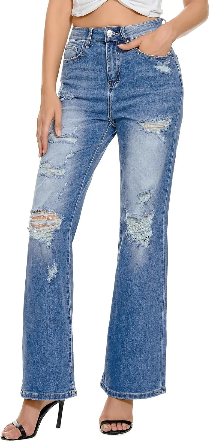 VIPONES High Waisted Ripped Flare Jeans for Women Distressed Bell Bottom Jeans Wide Leg Pants