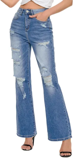 VIPONES High Waisted Ripped Flare Jeans for Women Distressed Bell Bottom Jeans Wide Leg Pants