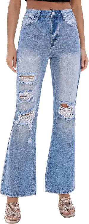 VIPONES High Waisted Ripped Flare Jeans for Women Distressed Bell Bottom Jeans Wide Leg Pants