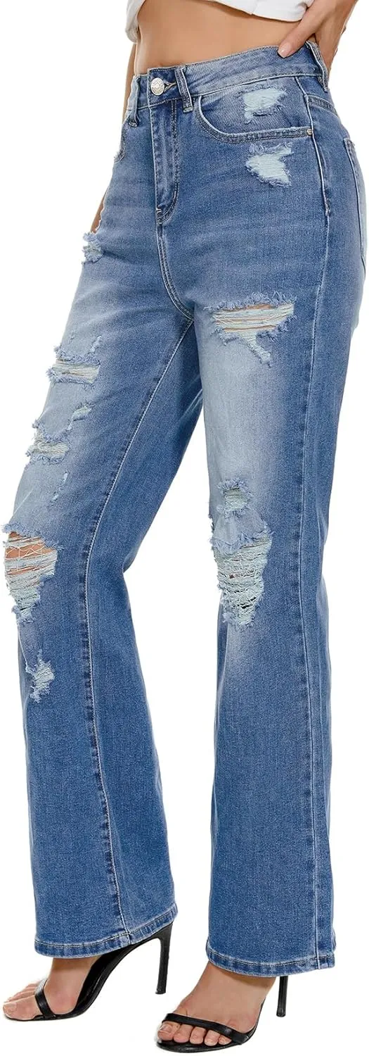VIPONES High Waisted Ripped Flare Jeans for Women Distressed Bell Bottom Jeans Wide Leg Pants