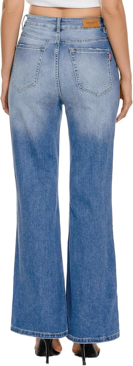 VIPONES High Waisted Ripped Flare Jeans for Women Distressed Bell Bottom Jeans Wide Leg Pants