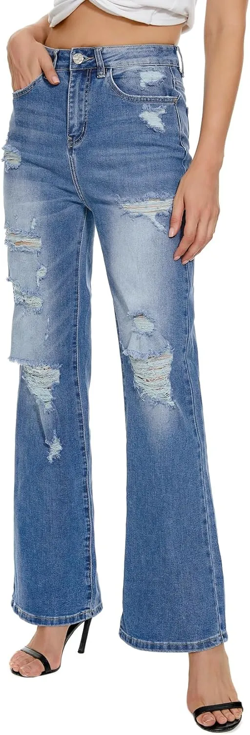 VIPONES High Waisted Ripped Flare Jeans for Women Distressed Bell Bottom Jeans Wide Leg Pants