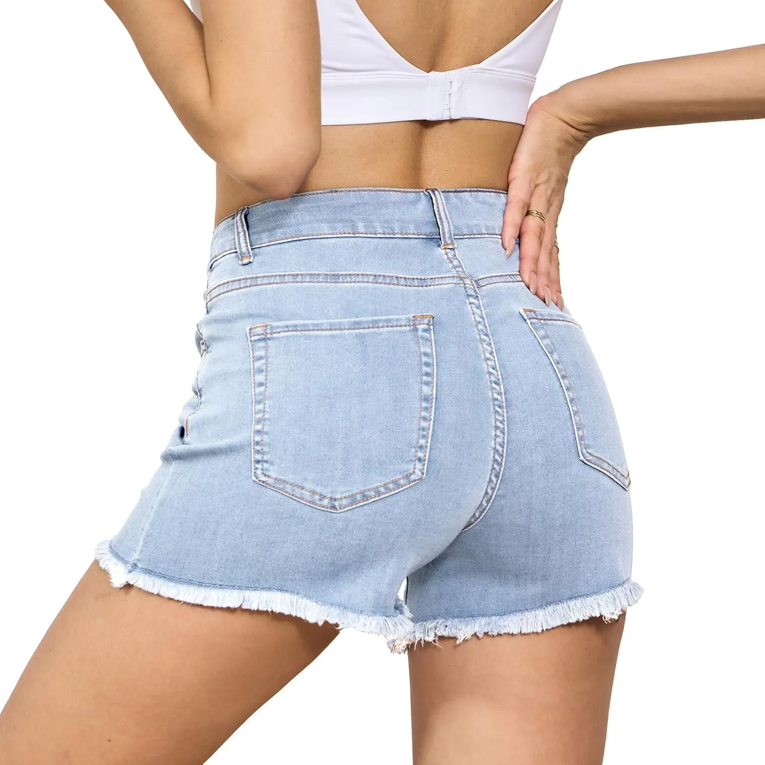 VIPONES Women Mid Rise Jeans Shorts Frayed Raw Hem Summer Stretchy Casual Denim Shorts