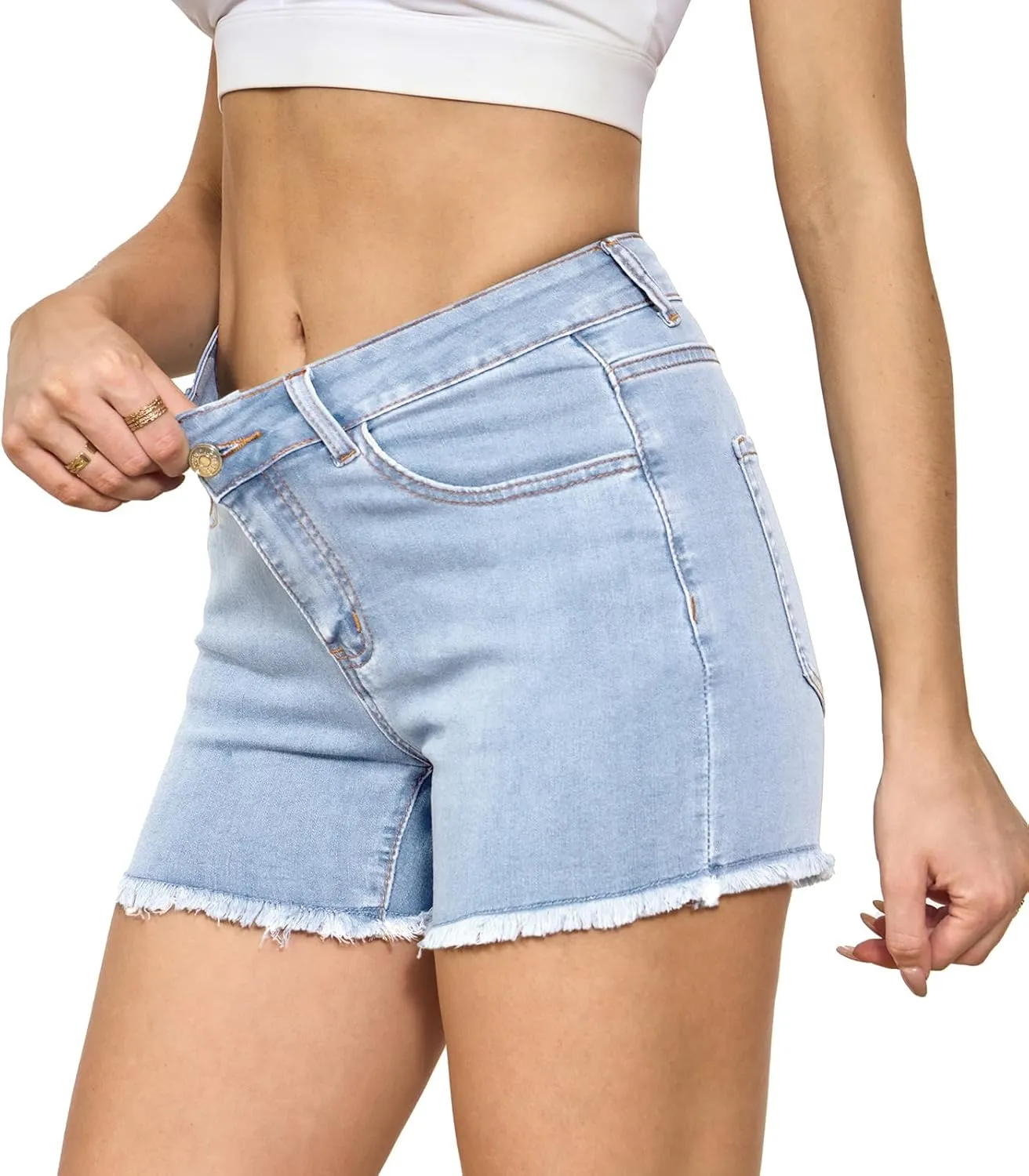 VIPONES Women Mid Rise Jeans Shorts Frayed Raw Hem Summer Stretchy Casual Denim Shorts