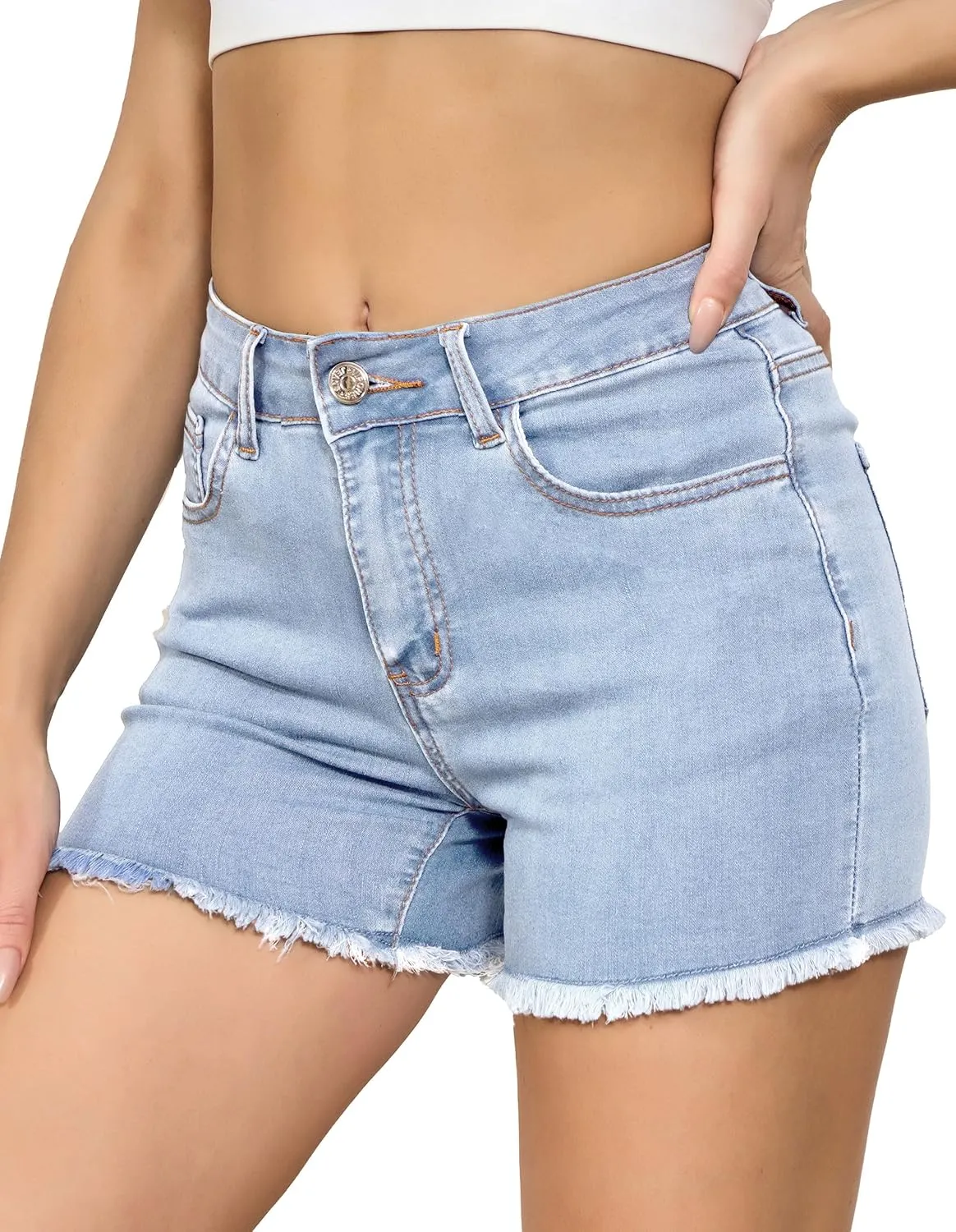 VIPONES Women Mid Rise Jeans Shorts Frayed Raw Hem Summer Stretchy Casual Denim Shorts