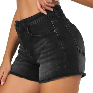 VIPONES Women Mid Rise Jeans Shorts Frayed Raw Hem Summer Stretchy Casual Denim Shorts