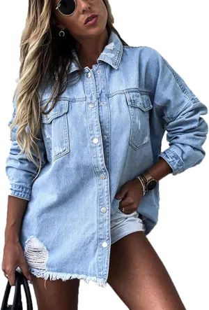 VIVICOLOR Women's Fashion Distressed Denim Jackets Women's Blue Denim Trucker Jacket