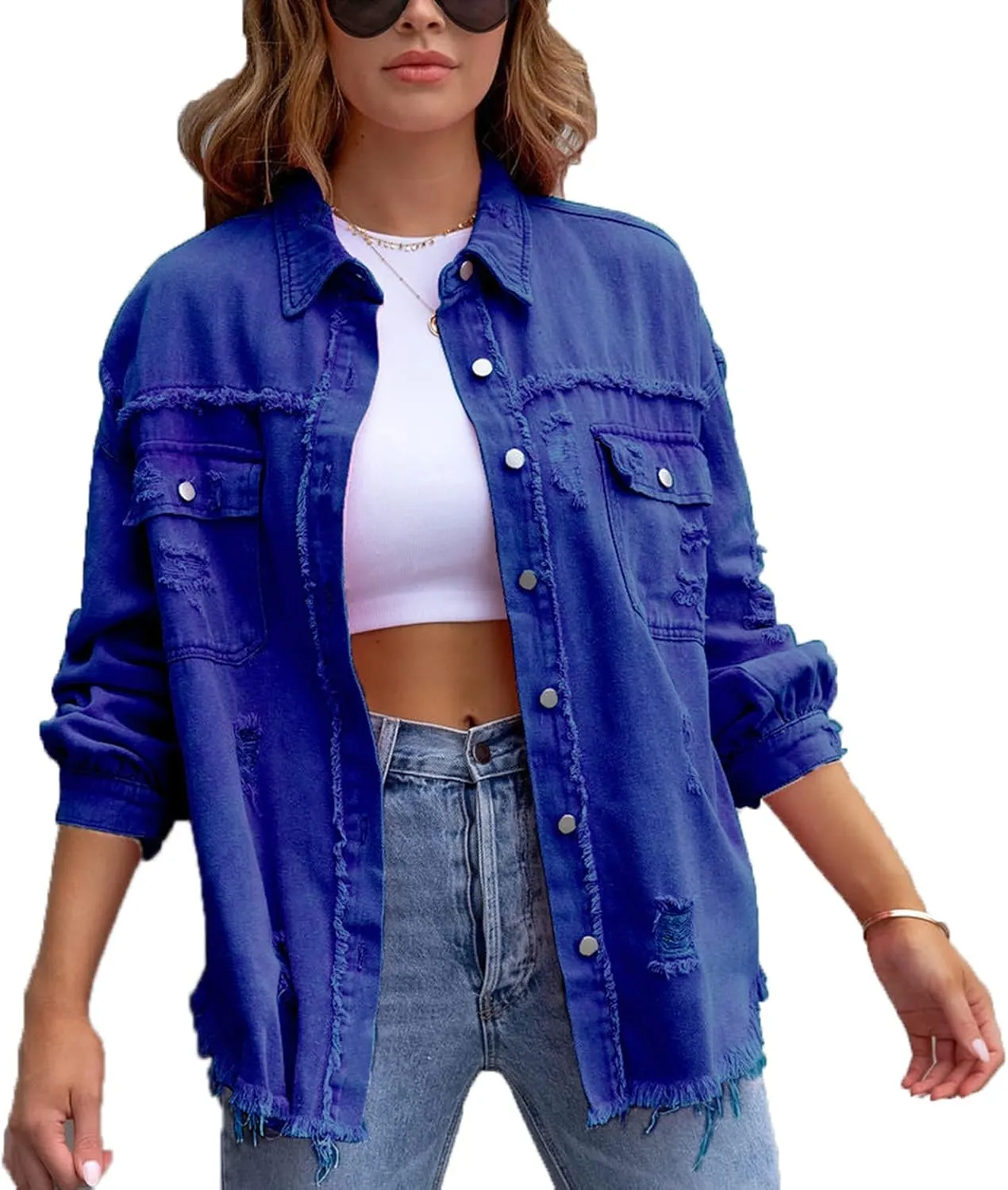 VIVICOLOR Women's Frayed Denim Trucker Jackets Women's Distressed Ripped Denim Jacket