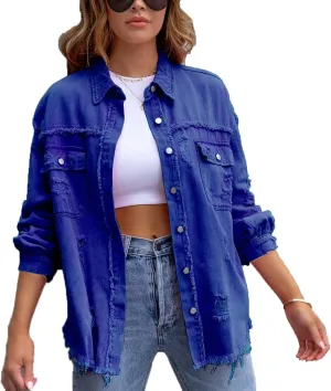 VIVICOLOR Women's Frayed Denim Trucker Jackets Women's Distressed Ripped Denim Jacket