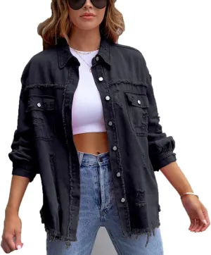 VIVICOLOR Women's Long Sleeve Oversized Denim Jacket Women's Denim Trucker Jackets