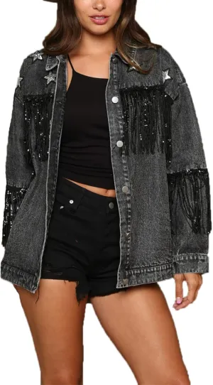 VIVICOLOR Women's Oversized Boyfriend Jean Jacket Women's Fringed Denim Trucker Jackets Fashion Distressed Denim Jackets