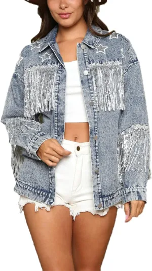 VIVICOLOR Women's Oversized Boyfriend Jean Jacket Women's Fringed Denim Trucker Jackets Fashion Distressed Denim Jackets