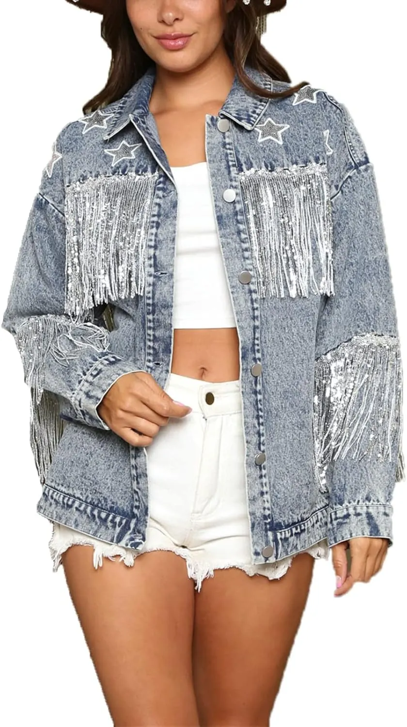 VIVICOLOR Women's Oversized Boyfriend Jean Jacket Women's Fringed Denim Trucker Jackets Fashion Distressed Denim Jackets