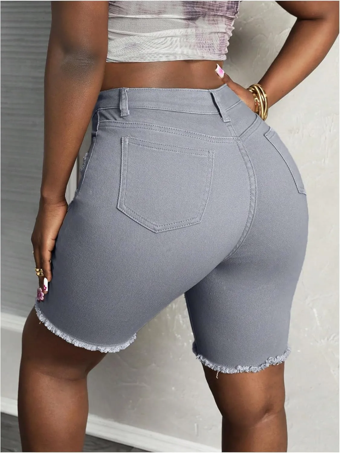 WDIRARA Women's High Waisted Ripped Skinny Denim Shorts Distressed Jean Shorts with Pockets
