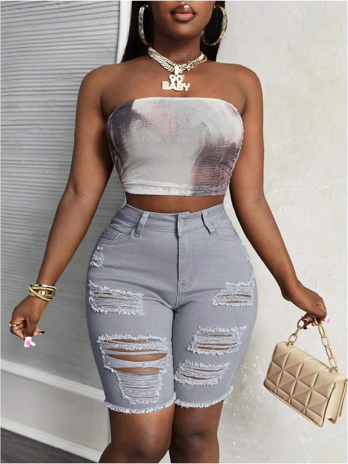 WDIRARA Women's High Waisted Ripped Skinny Denim Shorts Distressed Jean Shorts with Pockets