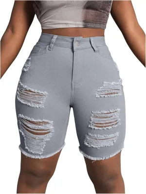 WDIRARA Women's High Waisted Ripped Skinny Denim Shorts Distressed Jean Shorts with Pockets