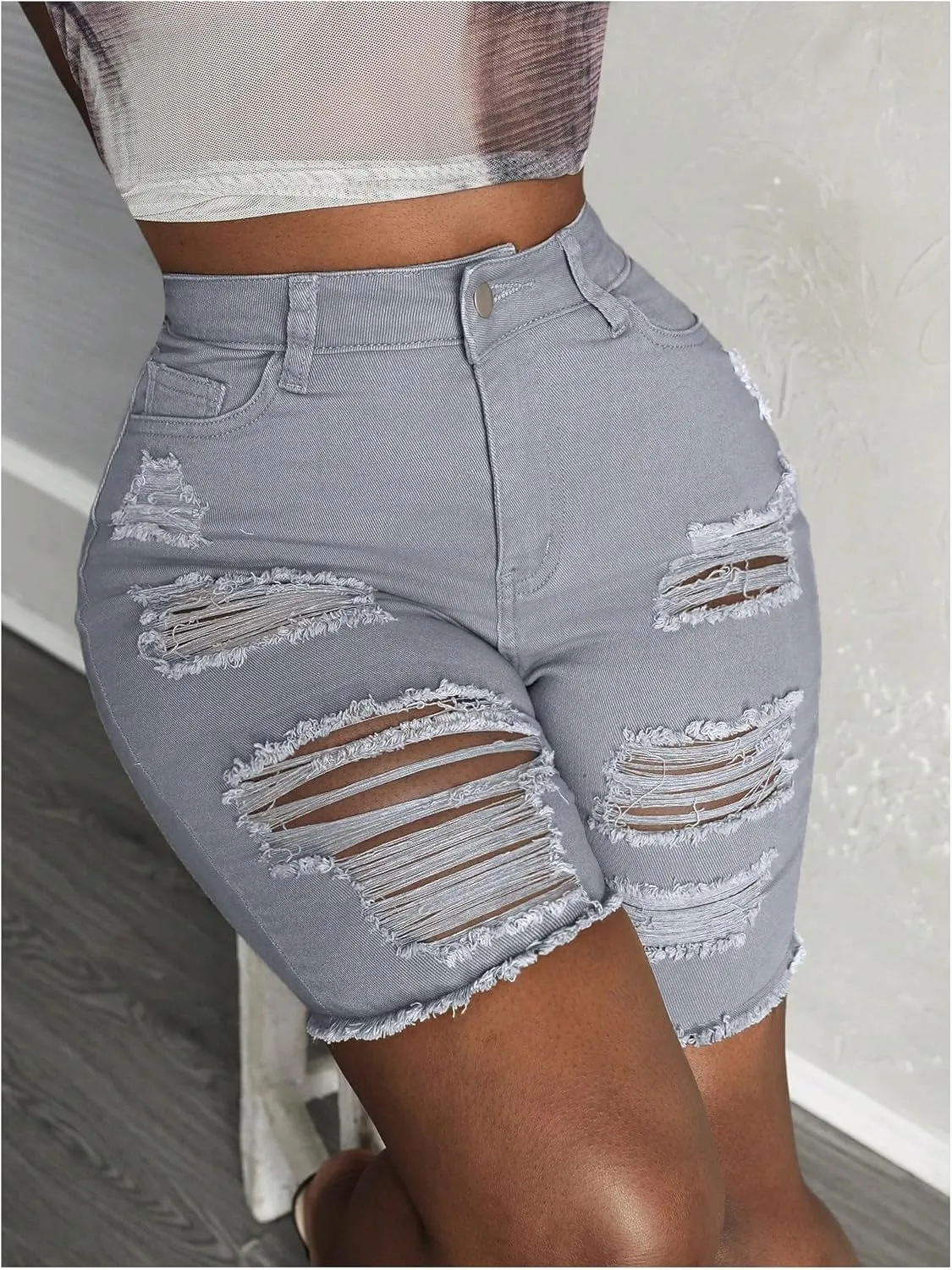 WDIRARA Women's High Waisted Ripped Skinny Denim Shorts Distressed Jean Shorts with Pockets
