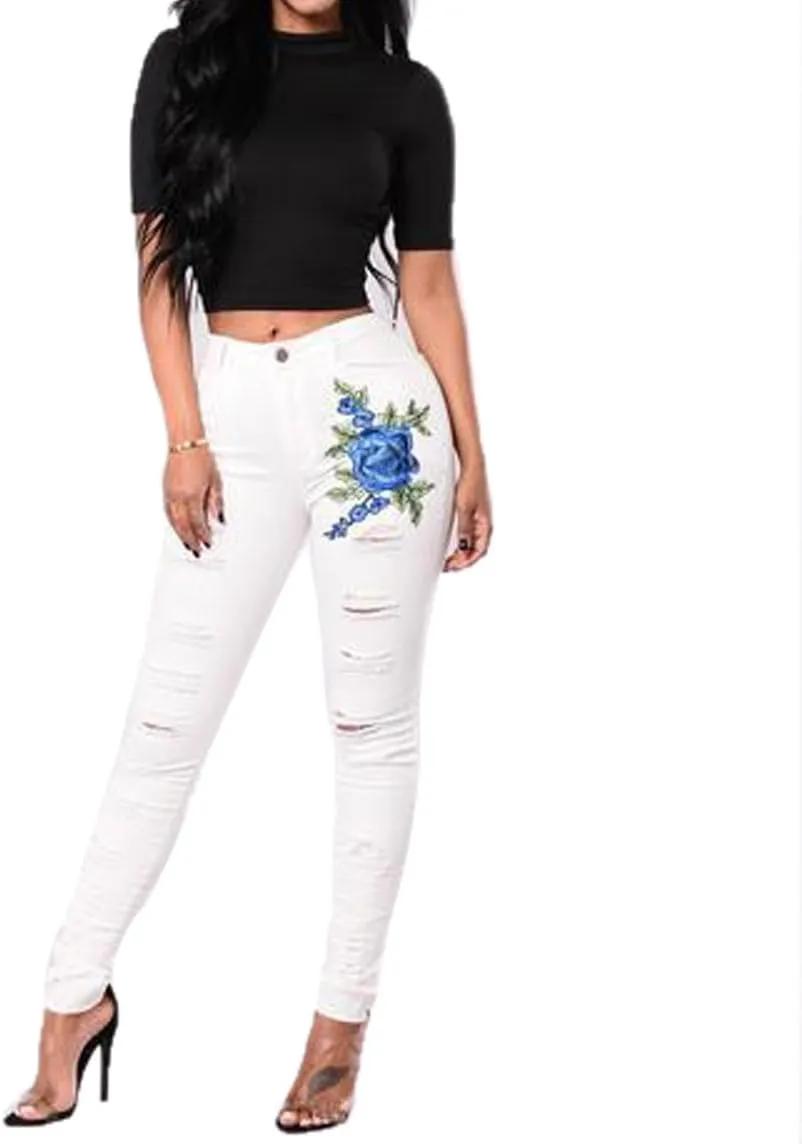 White Embroidered Jeans - Women High Waisted Ripped Skinny Jeans Denim Distressed Jeans