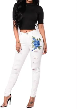 White Embroidered Jeans - Women High Waisted Ripped Skinny Jeans Denim Distressed Jeans