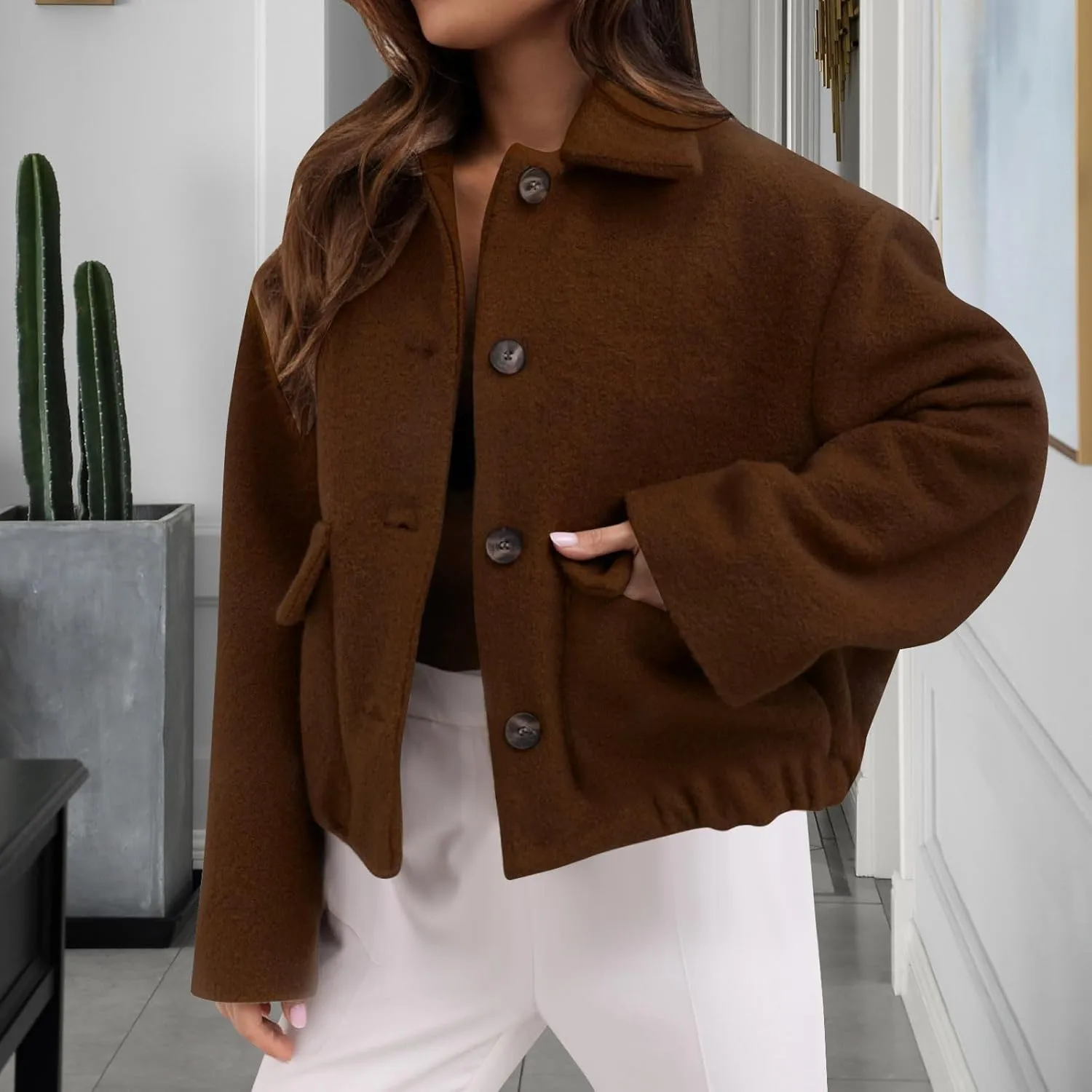 Winter Coats for Women 2024 Fashion Elegant Lapel Collar Cropped Peacoat Fall Warm Woolen Trench Coat Outerwear