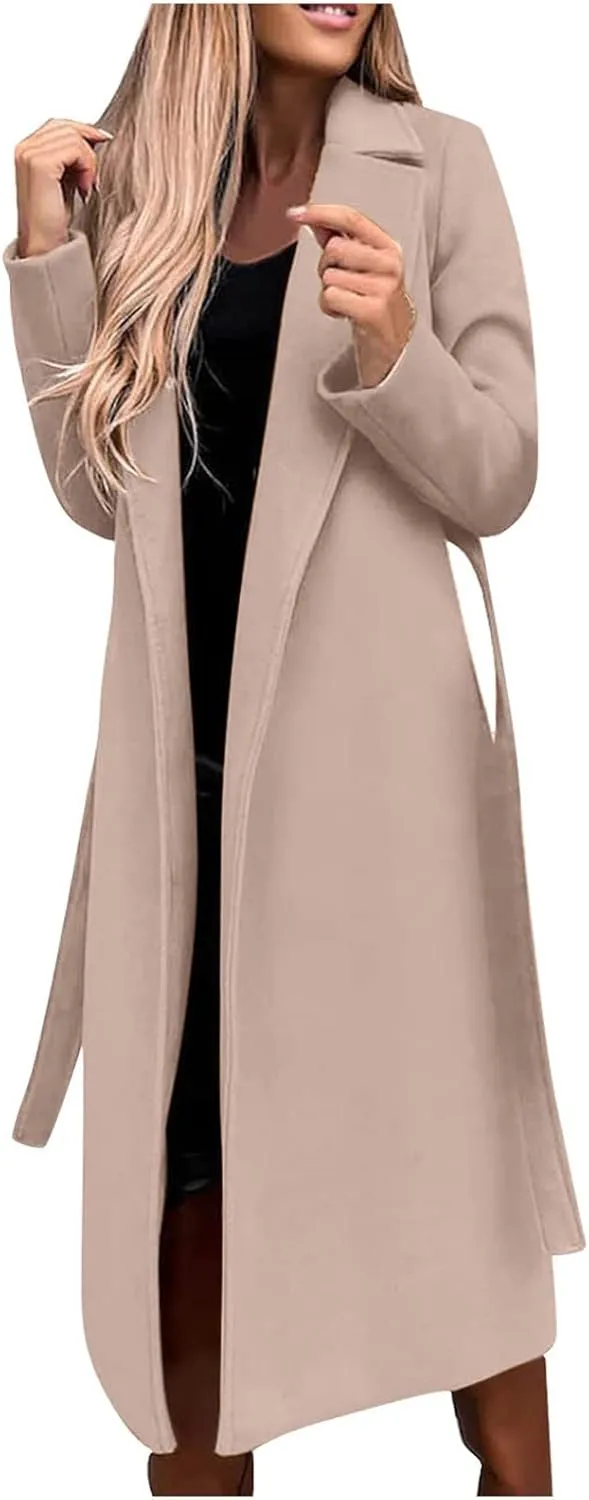 Winter Trench Coat for Women Long Wool Blend Pea Coat Casual Notched Lapel Collar Oversized Overcoat Jacket Outerwear