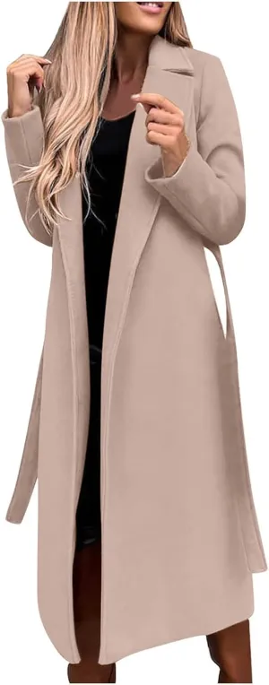 Winter Trench Coat for Women Long Wool Blend Pea Coat Casual Notched Lapel Collar Oversized Overcoat Jacket Outerwear