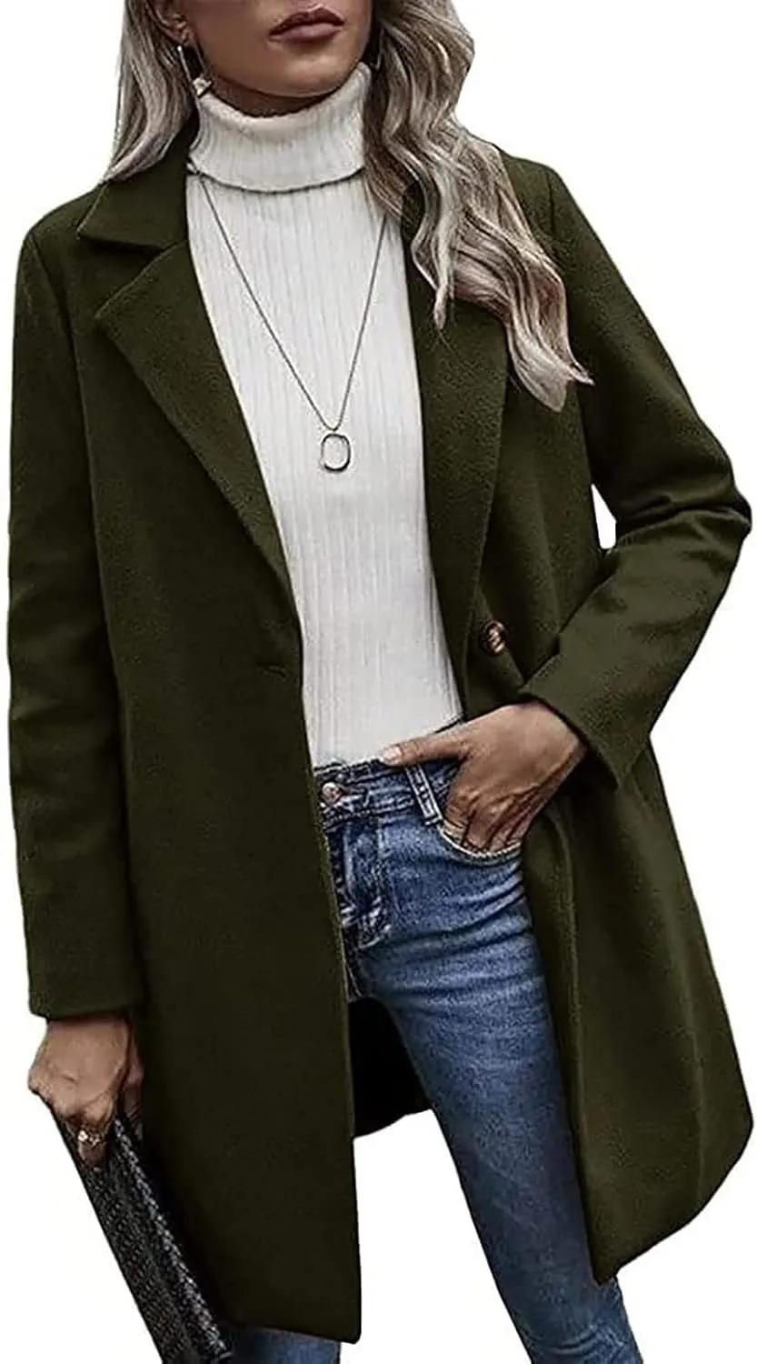 Winter Trench Coat for Women Singe Breasted Notched Lapel Collar Wool Coats Mid Long Oversized Over Coats Jackets