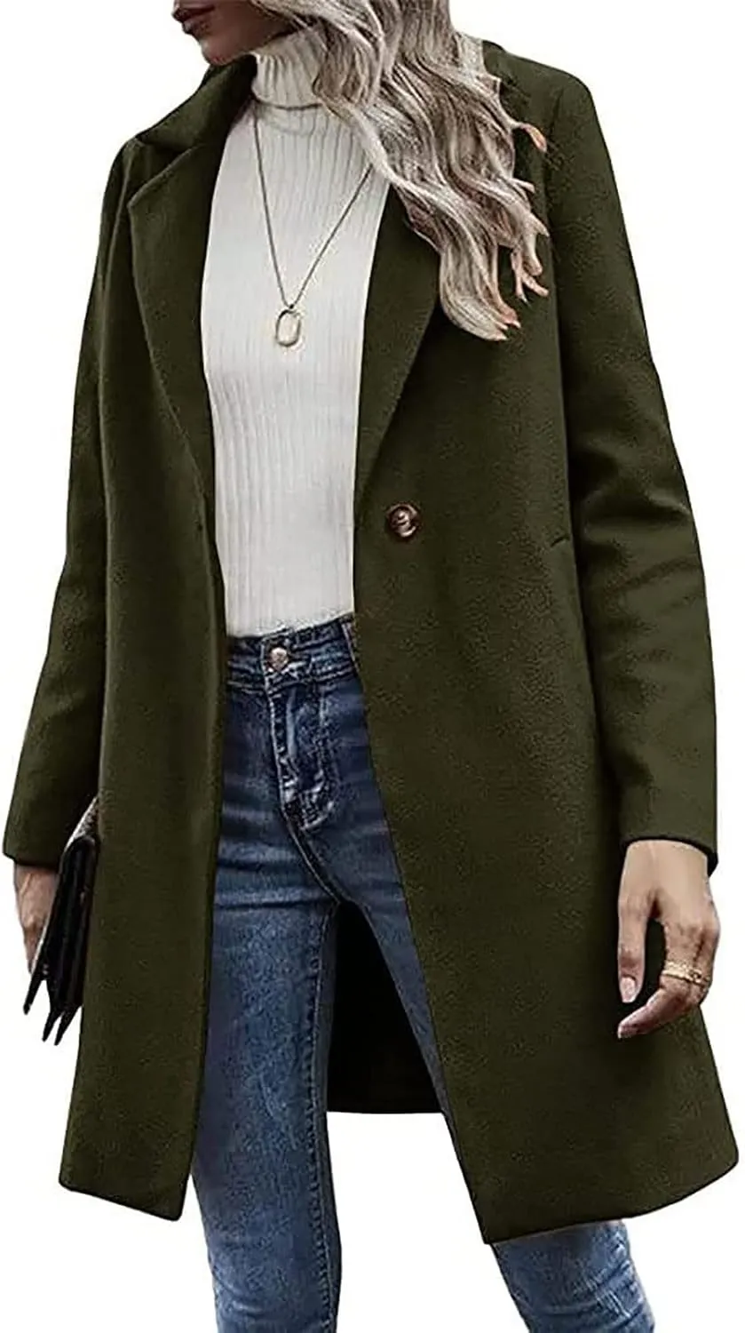 Winter Trench Coat for Women Singe Breasted Notched Lapel Collar Wool Coats Mid Long Oversized Over Coats Jackets