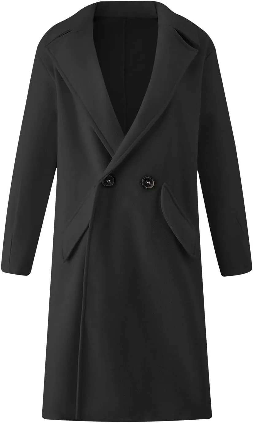 Wkishenl Womens Lapel Collar Double Breasted Pea Coat Winter Warm Wool Blend Long Jackets Fashion Trench Coat with Pockets