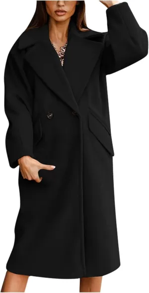 Wkishenl Womens Lapel Collar Double Breasted Pea Coat Winter Warm Wool Blend Long Jackets Fashion Trench Coat with Pockets