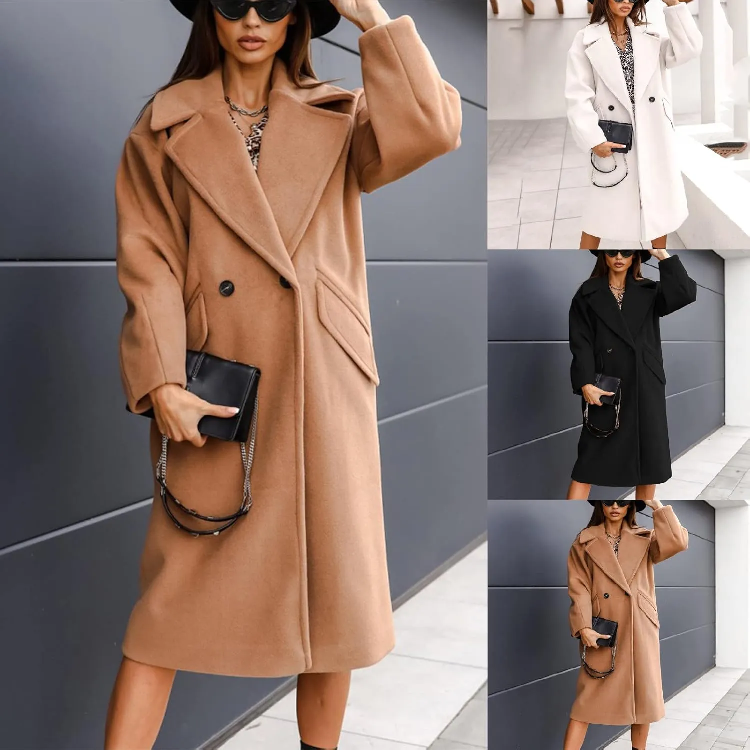 Wkishenl Womens Lapel Collar Double Breasted Pea Coat Winter Warm Wool Blend Long Jackets Fashion Trench Coat with Pockets