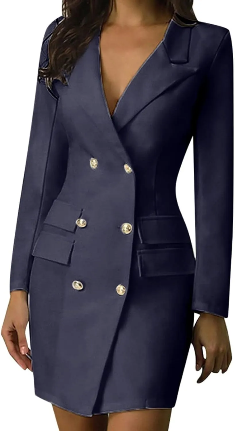 Women Blazer Dress Long Sleeve Notch Lapel Sexy Elegant Formal Suit Jackets Double Breasted Button Business Coat