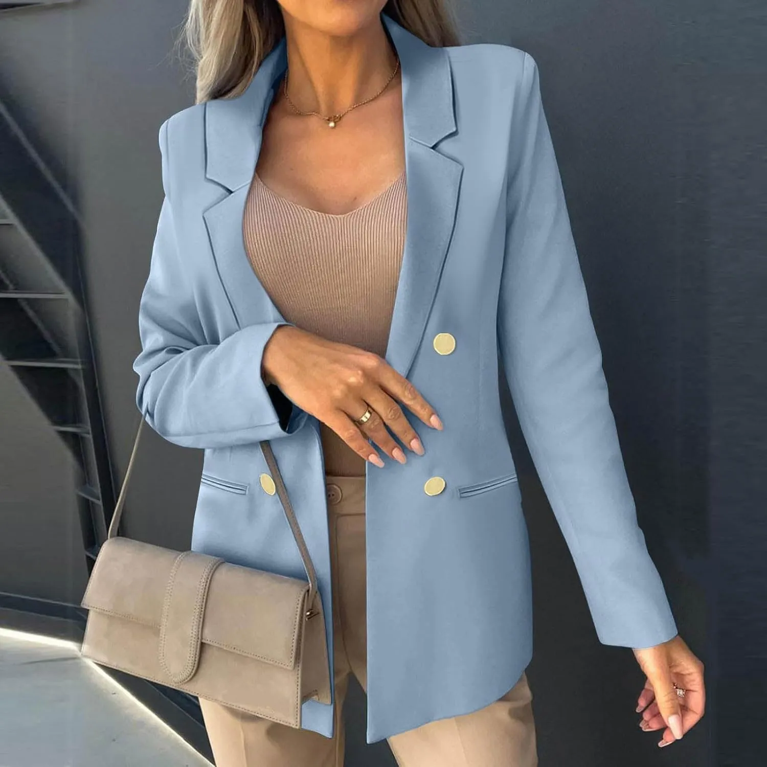 Women Business Casual Blazer Jacket Open Front Long Sleeve Button Jackets Notched Lapel Work Office Suit Jackets