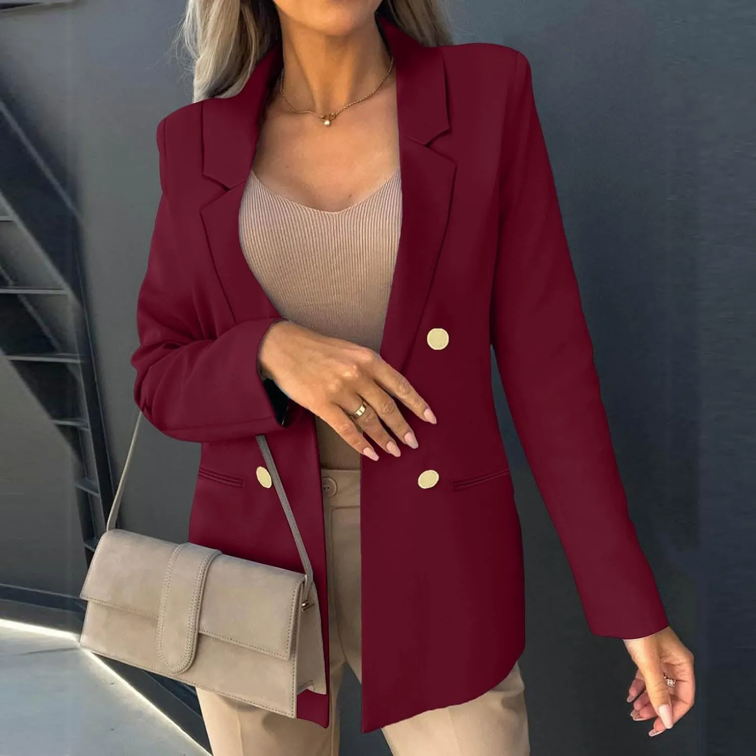 Women Business Casual Blazer Jacket Open Front Long Sleeve Button Jackets Notched Lapel Work Office Suit Jackets