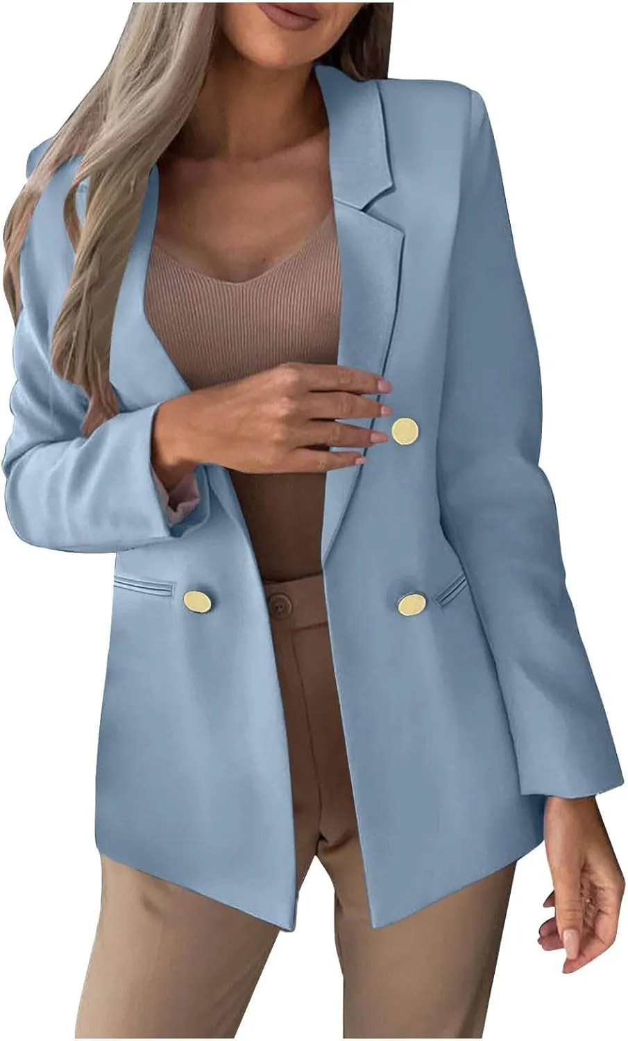 Women Business Casual Blazer Jacket Open Front Long Sleeve Button Jackets Notched Lapel Work Office Suit Jackets